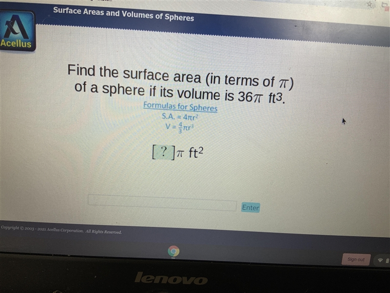 Please find the surface area of a sphere with a volume of 36-example-1