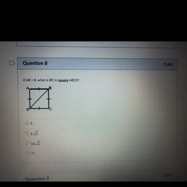 Help pls!! If AB= 8, what is BD in square ABCD??-example-1