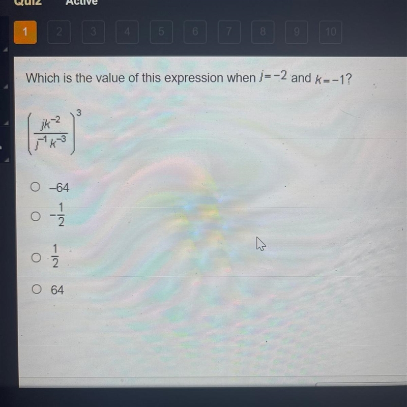 Which is the value of this expression when )=-2 and k=-1? 3 jk2 0-64 Nino O w o NI-example-1