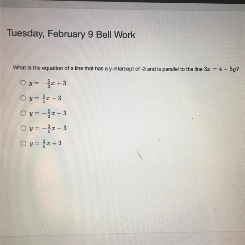 What is the equation of a line that has a y-intercept of -3 and is parallel to the-example-1