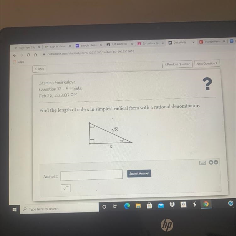 Find the length of side x in simplest radical form with a rational denominator. 60° V-example-1