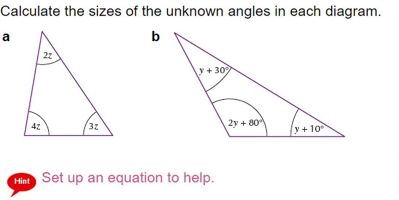 Calculate the sizes of the unknown angles in each diagram. Please, answer with explanation-example-1