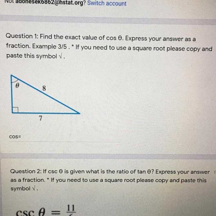 Find the exact value of cos0. Express your answer as a fraction.-example-1