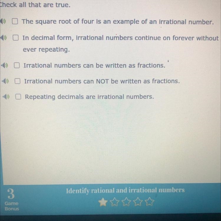 Which statements are true of irrational numbers CLICK ALL THE APPLY:) Will mark b-example-1