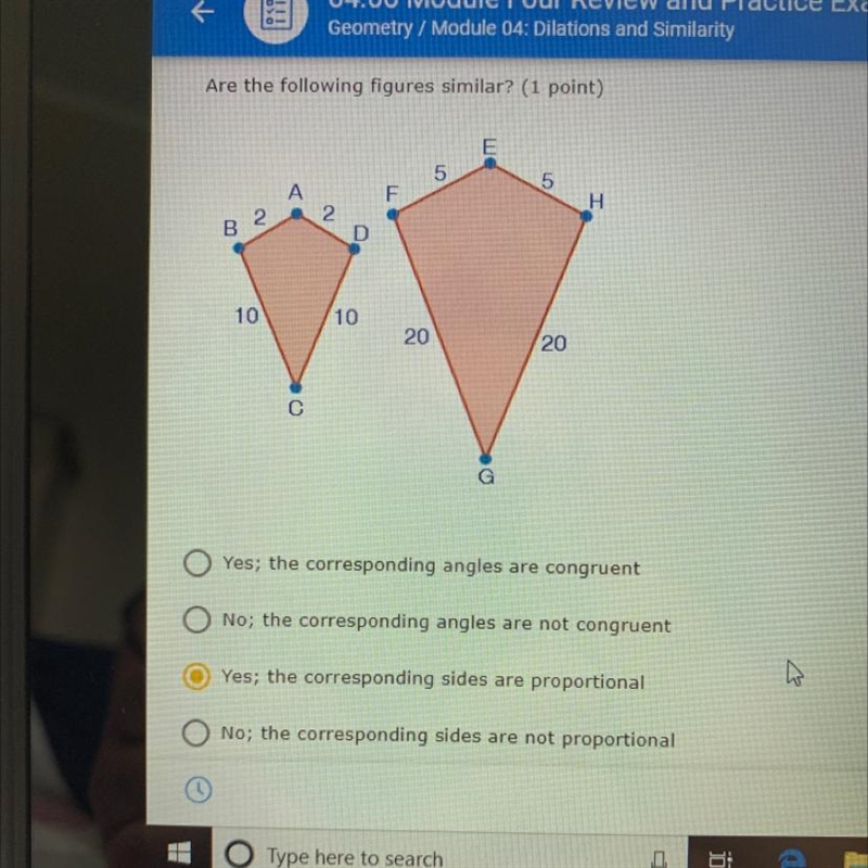 Are the following figures similar? (1 point) 5 A H 2. B 2 D 10 10 20 20 С G Yes; the-example-1