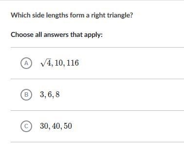 Which side lengths form a right triangle?-example-1