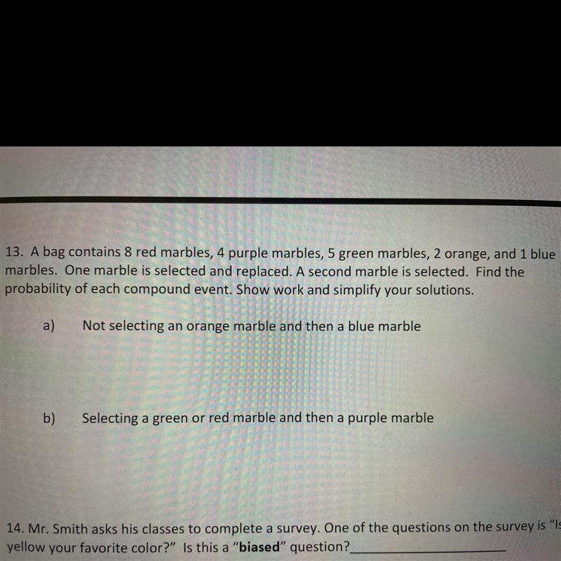 13. A bag contains 8 red marbles, 4 purple marbles, 5 green marbles, 2 orange, and-example-1