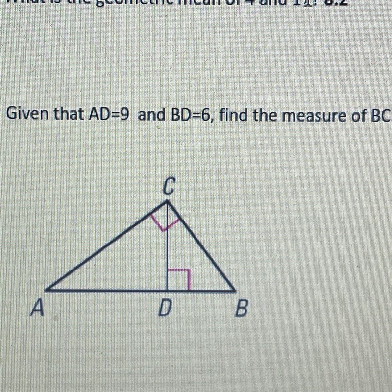 Given that AD=9 and BD=6, find the measure of BC.-example-1