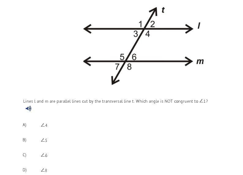 Lines l and m are parallel lines cut by the transversal line t. Which angle is congruent-example-1