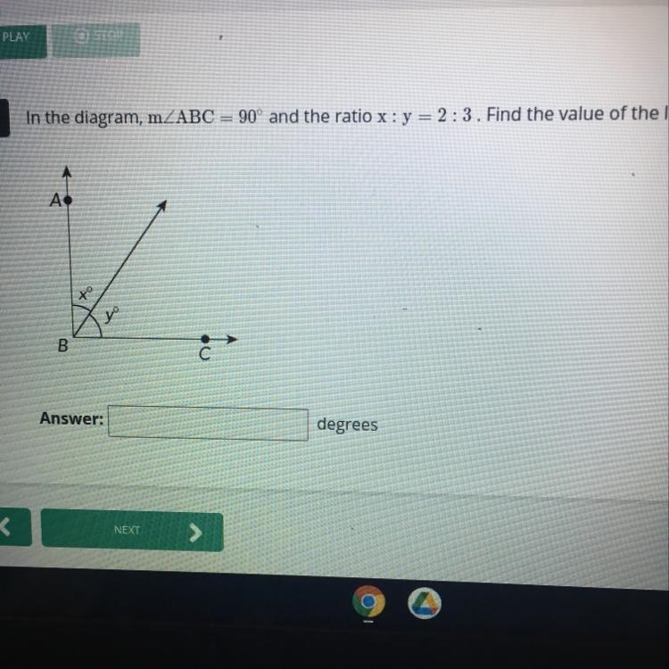 In the diagram, m ABC = 90° and the ratio x: y = 2 : 3 . Find the value of the larger-example-1