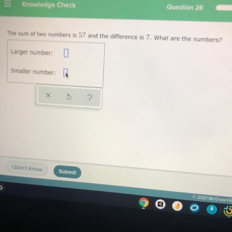 The sum of two numbers is 57 and the difference is 7. What are the numbers?-example-1