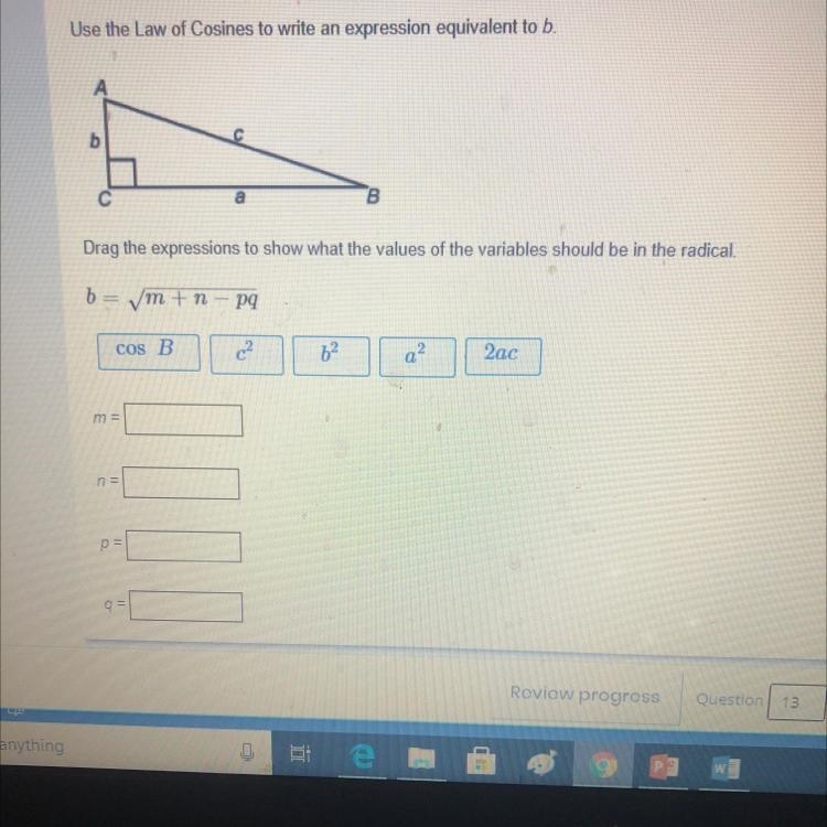 Use the law of cosines to write an expression equivalent to b-example-1