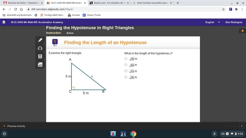 What is the length of the hypotenuse,c ? 3m 5m-example-1