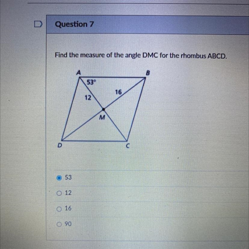 Find the measure of the angle DMC for the rhombus ABCD.-example-1