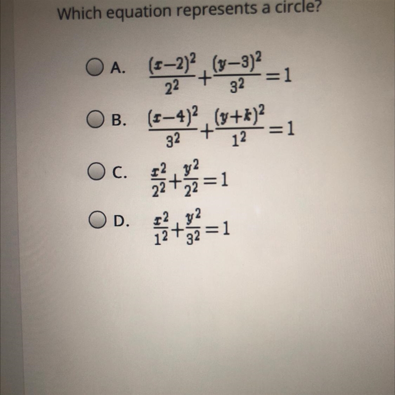 Select the correct answer. Which equation represents a circle?-example-1