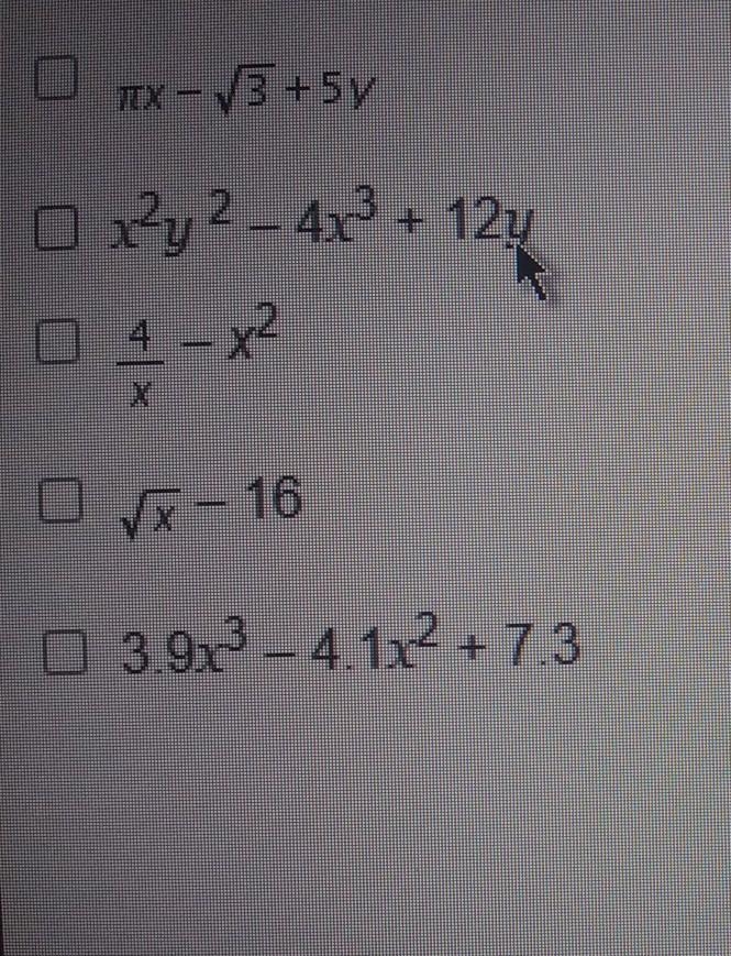 Which algebraic expressions are polynomials​-example-1