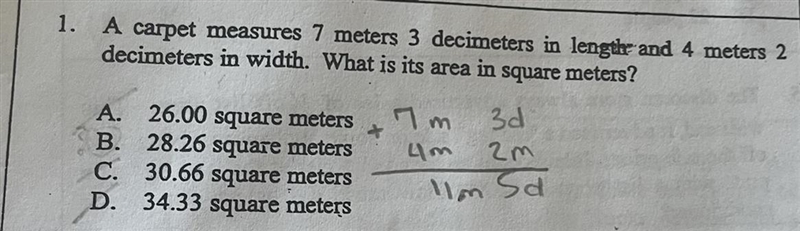 A carpet measures 7 meters 3 decimeters in length and 4 meters 2 decimeters in width-example-1