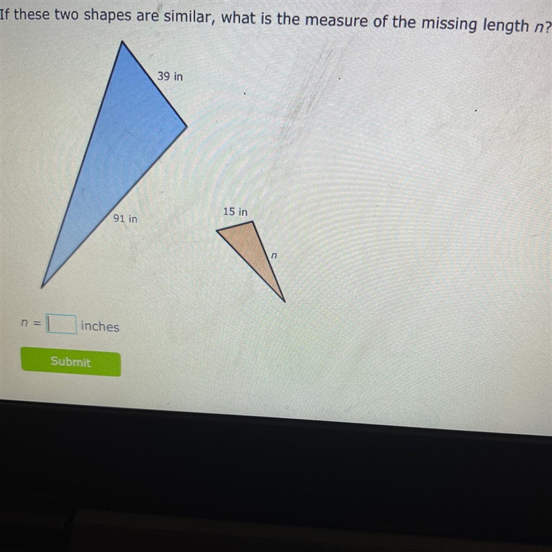 If these two shapes are similar, what is the measure of the missing length n? 39 in-example-1