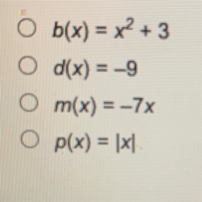 Which function has an inverse that is a function?-example-1