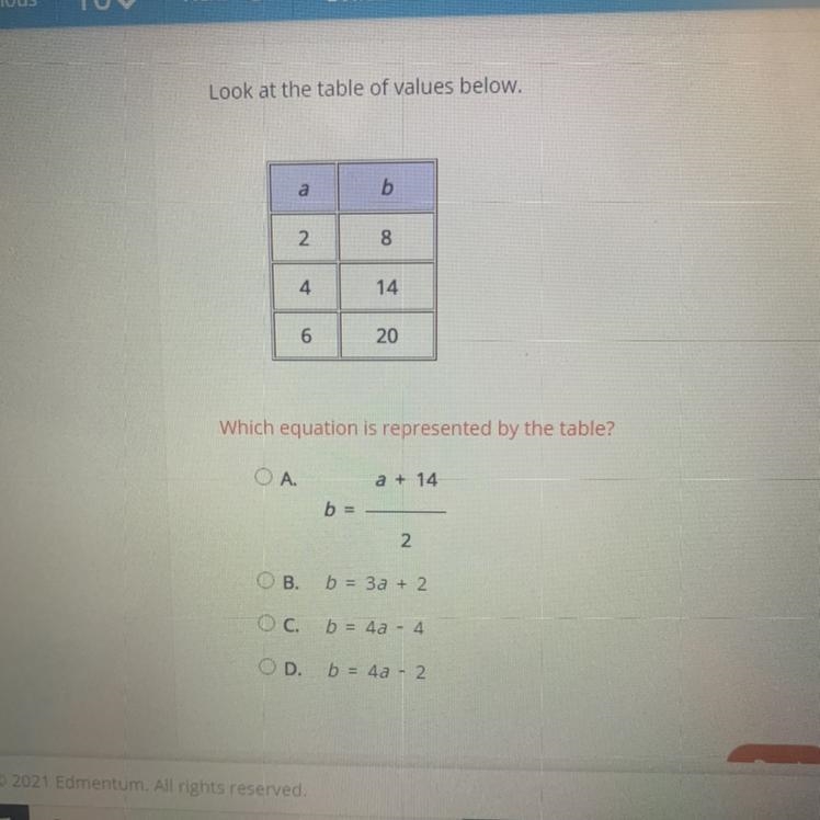 Which equation is represented by the table-example-1