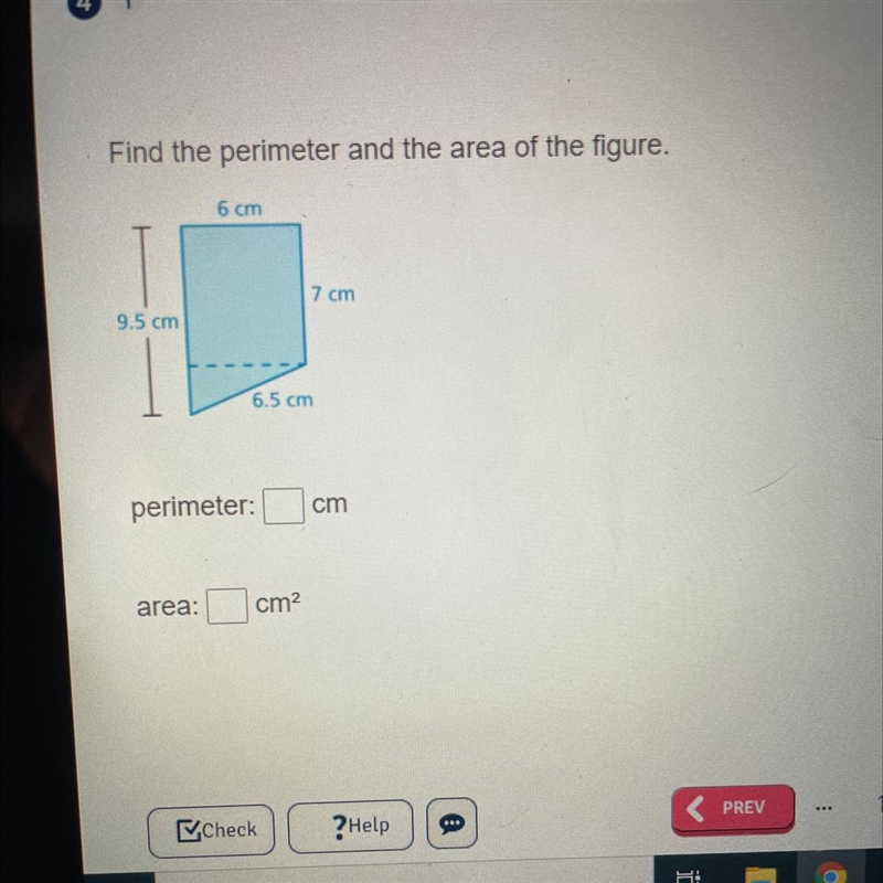 Perimeter: ______ cm area: _______ cm squared-example-1