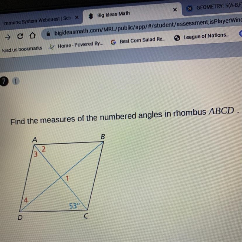 Find the measures of the numbered angles in rhombus ABCD￼?-example-1