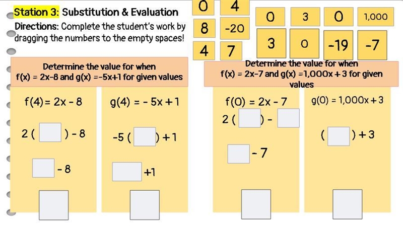 (PLEASE HELP) Substitution and Evaluation, Complete the students work by dragging-example-1