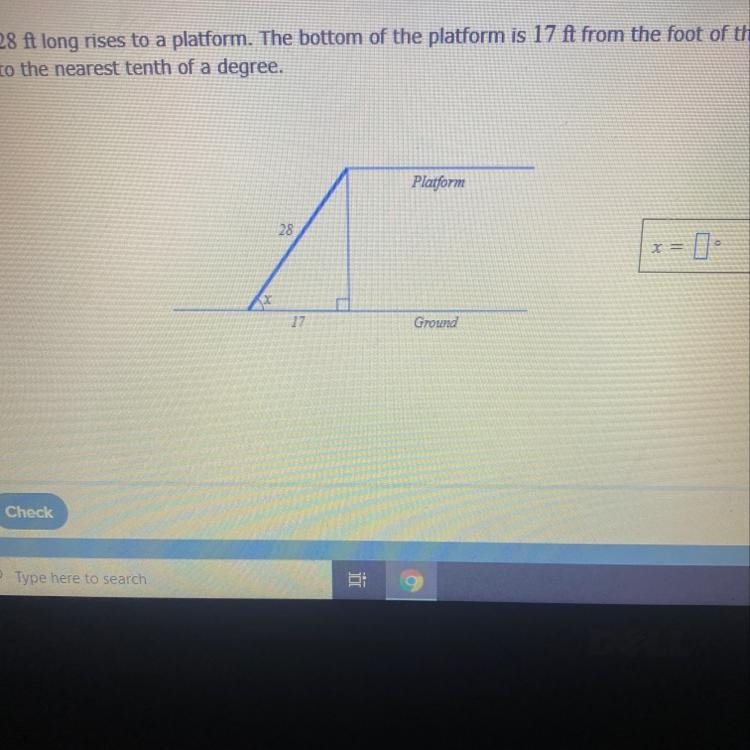 A ramp 28 ft long rises to a platform. The bottom of the platform is 17 ft from the-example-1