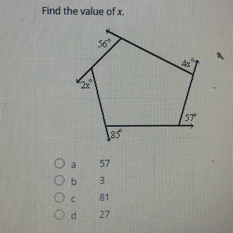 Find the value of X a,57 b,3 C,81 D,27-example-1