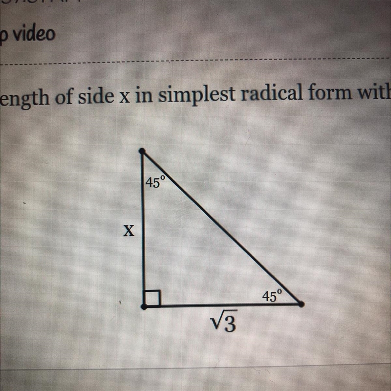 Find the length of side X in simplest radical form with a rational denominator. X-example-1