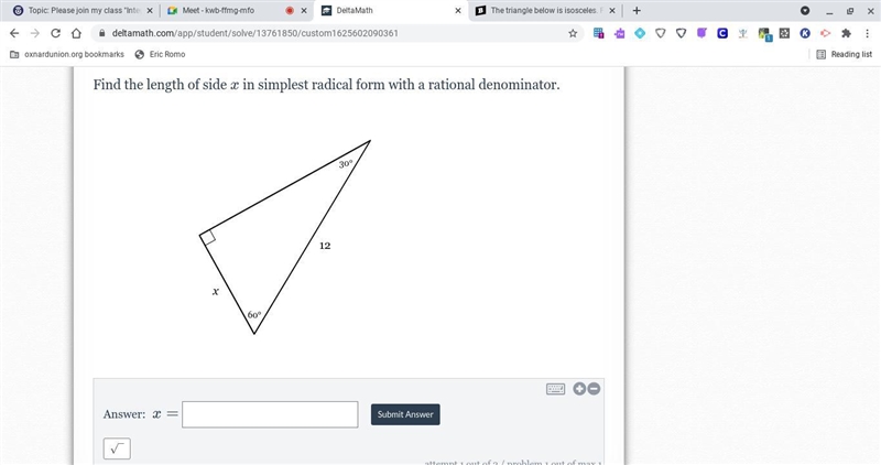 Find the length of side xx in simplest radical form with a rational denominator.-example-1