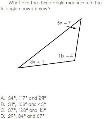 What are the 3 angle measures in the triangle shown below-example-1