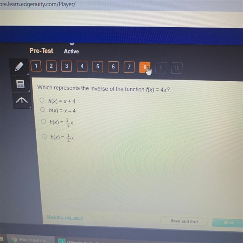 Which represents the inverse of the function f(x) = 4x?-example-1