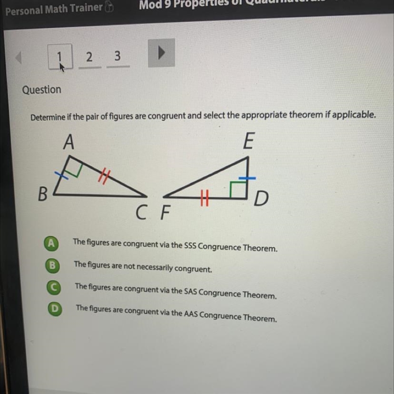 Determine if the pair of figures are congruent and select the appropriate theorem-example-1