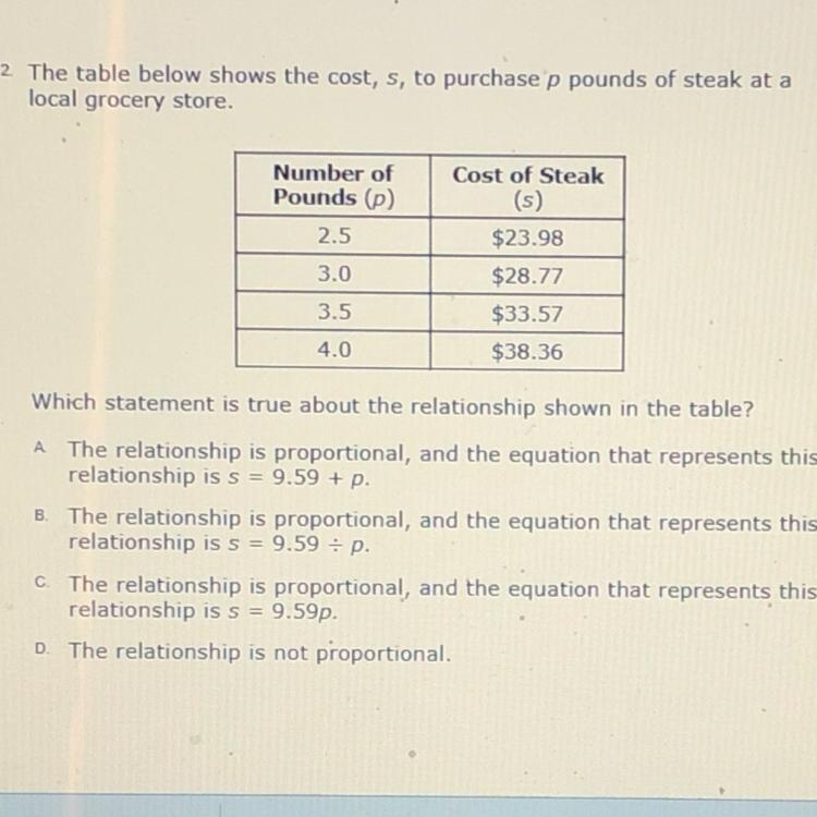 2 The table below shows the cost, s, to purchase p pounds of steak at a local grocery-example-1