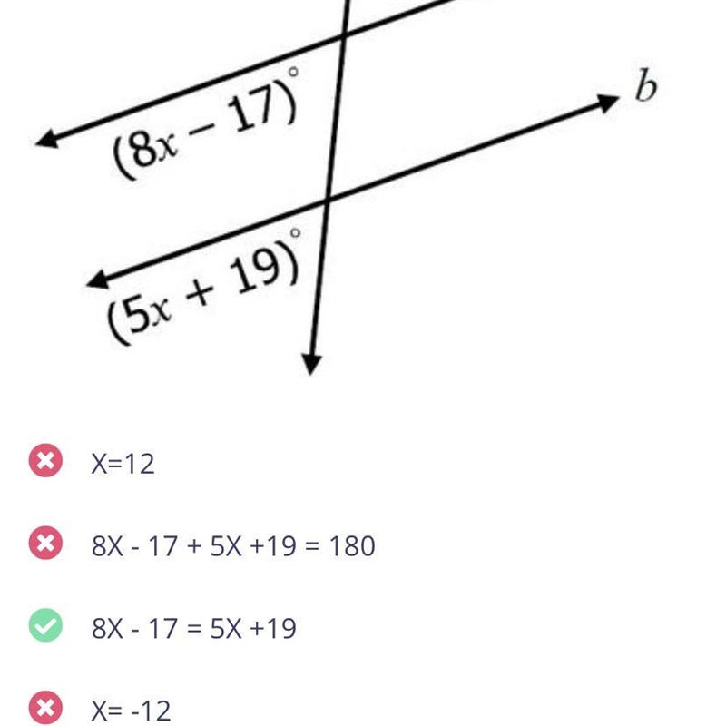 Show me how to find x using the correct equation shown here (geometry)-example-1