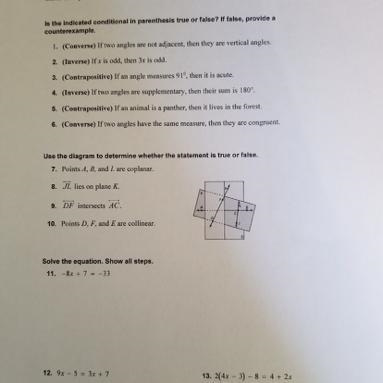 7. Points A, B, and L are coplanar. 8.JL lies on plane K. 9.DF intersects AC. 10.Points-example-1