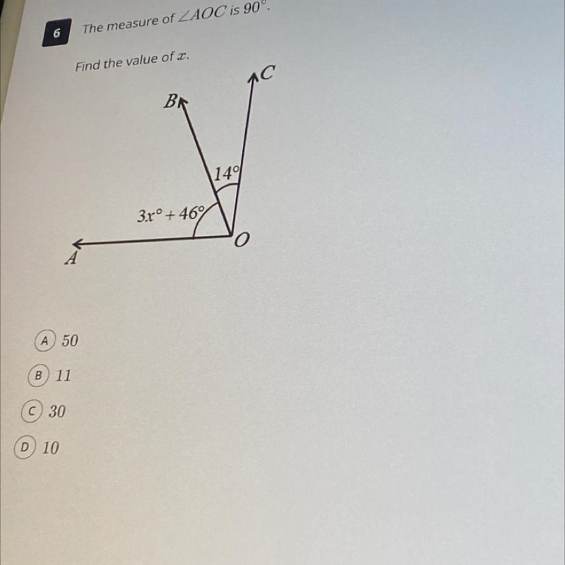 The measure of AOC is 90. Find the value of x.-example-1