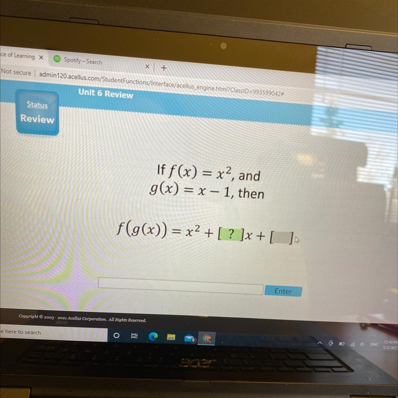 If f(x) = x2, and g(x) = x - 1, then f(g(x)) = x2 + [? ]x + [ ]-example-1