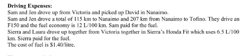 Calculate the cost for the fuel needed for Sam to drive to Nanaimo to tofino (15 points-example-1