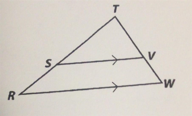 In the diagram at the right, sides SV and RW are parallel. Explain why RTW is similar-example-1