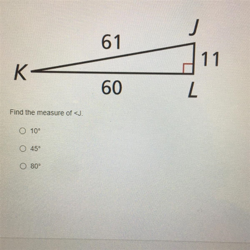 Solving right triangles Find measure of < j.-example-1