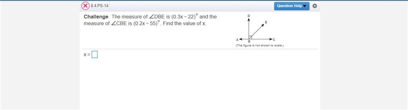 The measure of ∠DBE is (0.3x−22)° and the measure of ∠CBE is (0.2x−55)°. Find the-example-1