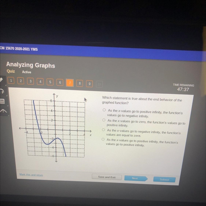 Graphed function? As the x-values go to positive infinity, the function's values go-example-1