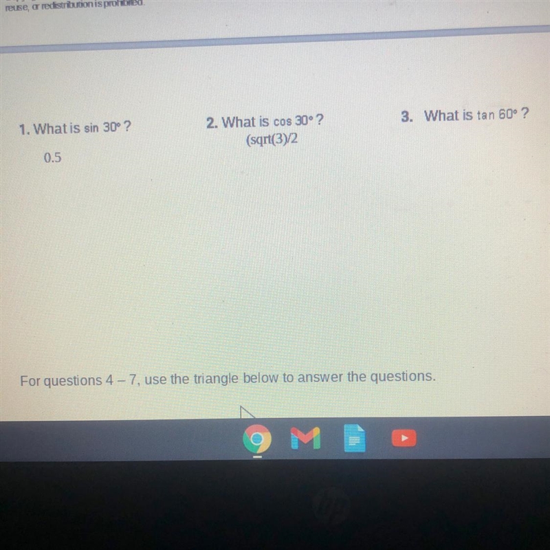 What is sin 30 degrees? what is cos 30 degrees? and what is tan 60 degrees?-example-1