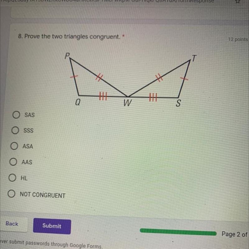 Prove the two triangles congruent. sas sss asa aas hl not congruent-example-1