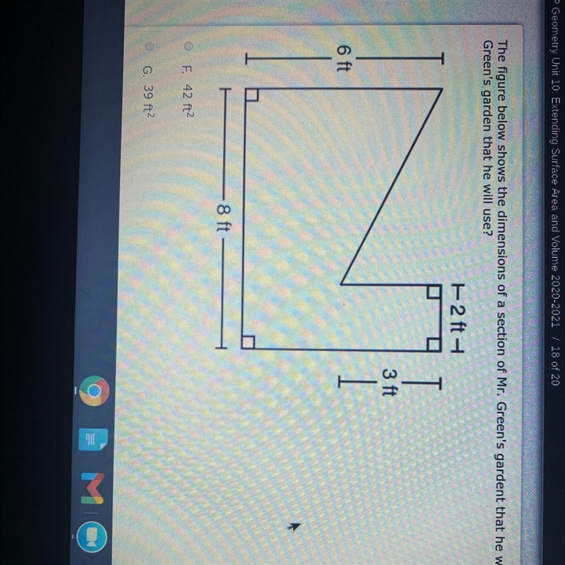 The figure below shows the dimensions of a section of Mr. Green's gardent that he-example-1