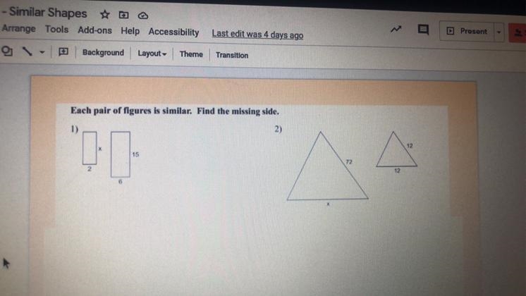 Each pair of figures is similar find the missing side PLEASE HELP I AM SO BEHIND ON-example-1