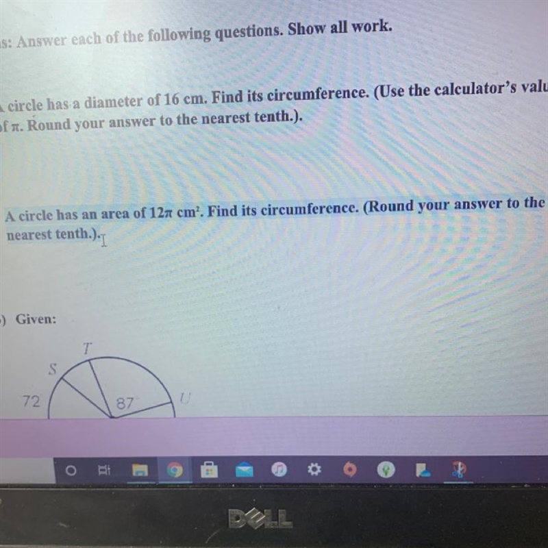 2) A circle has an area of 12ñ cm?. Find its circumference. (Round your answer to-example-1