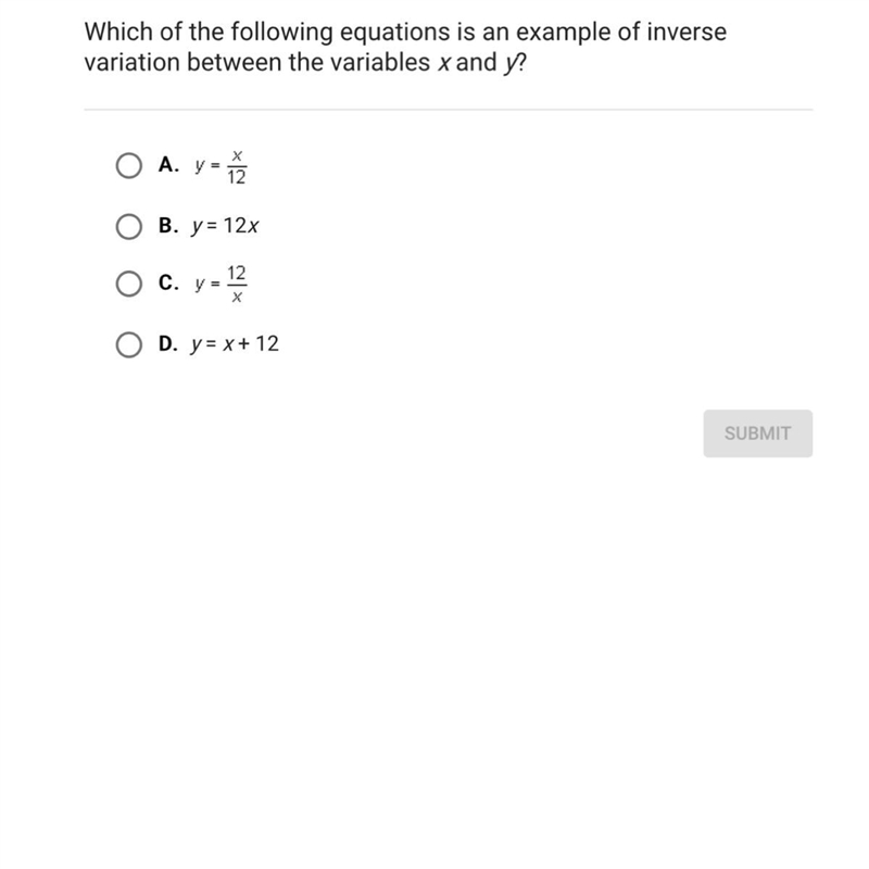 Which of the following equations is an example of inverse variation between the variables-example-1